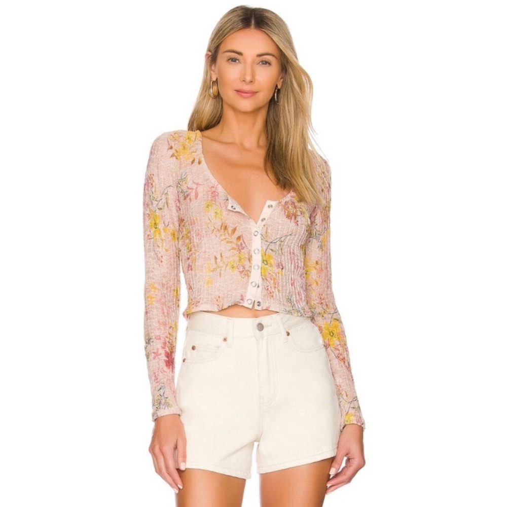 We The Free Pink Floral Button-Front Cropped Cardigan